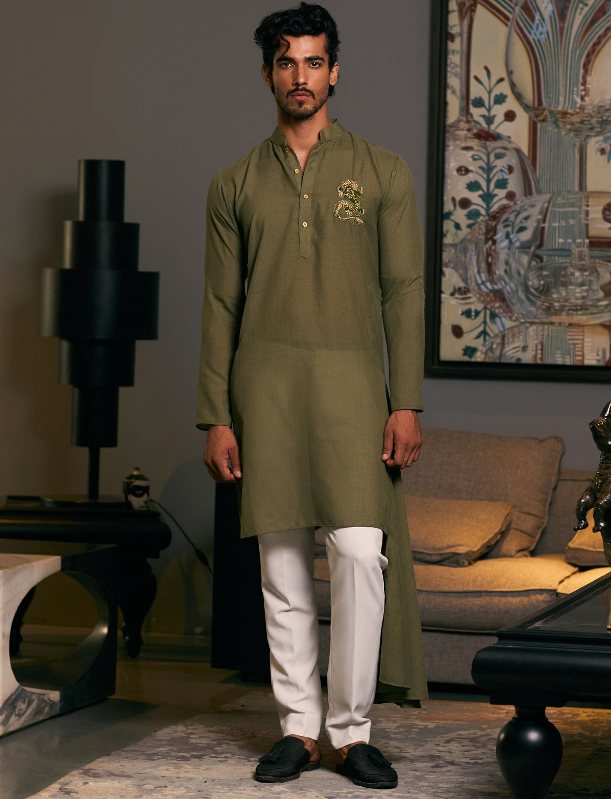 Olive Blended Asymmetric Goe Dragon Kurta Set