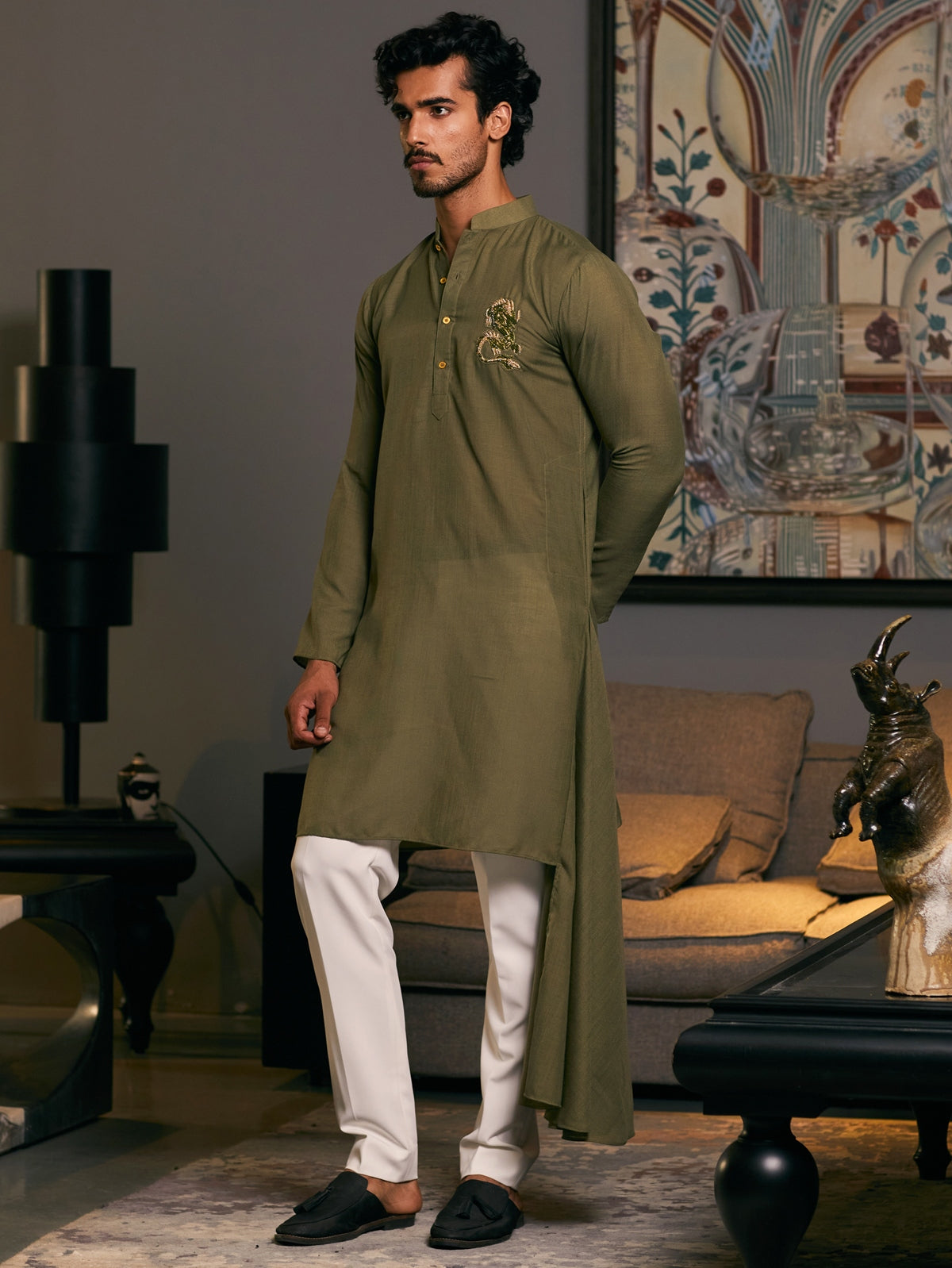 Olive Blended Asymmetric Goe Dragon Kurta Set