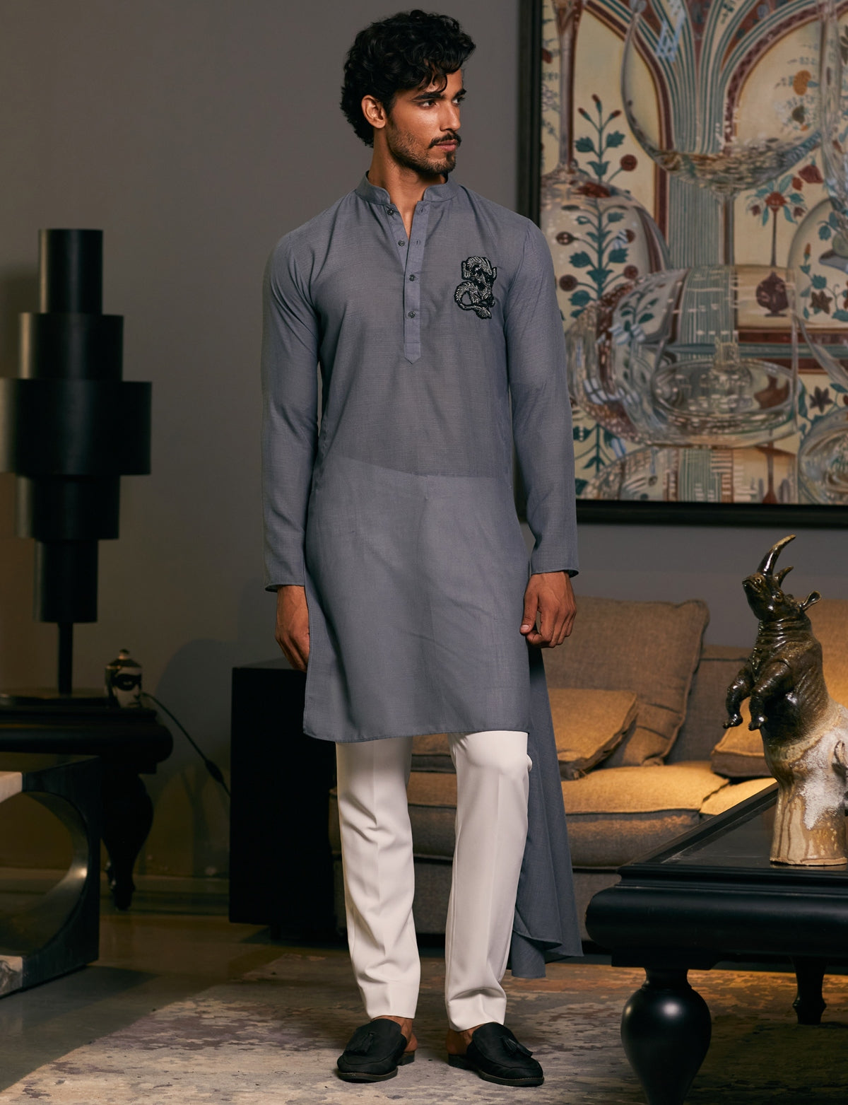 Slate Blended Asymmetric Goe Dragon Kurta Set