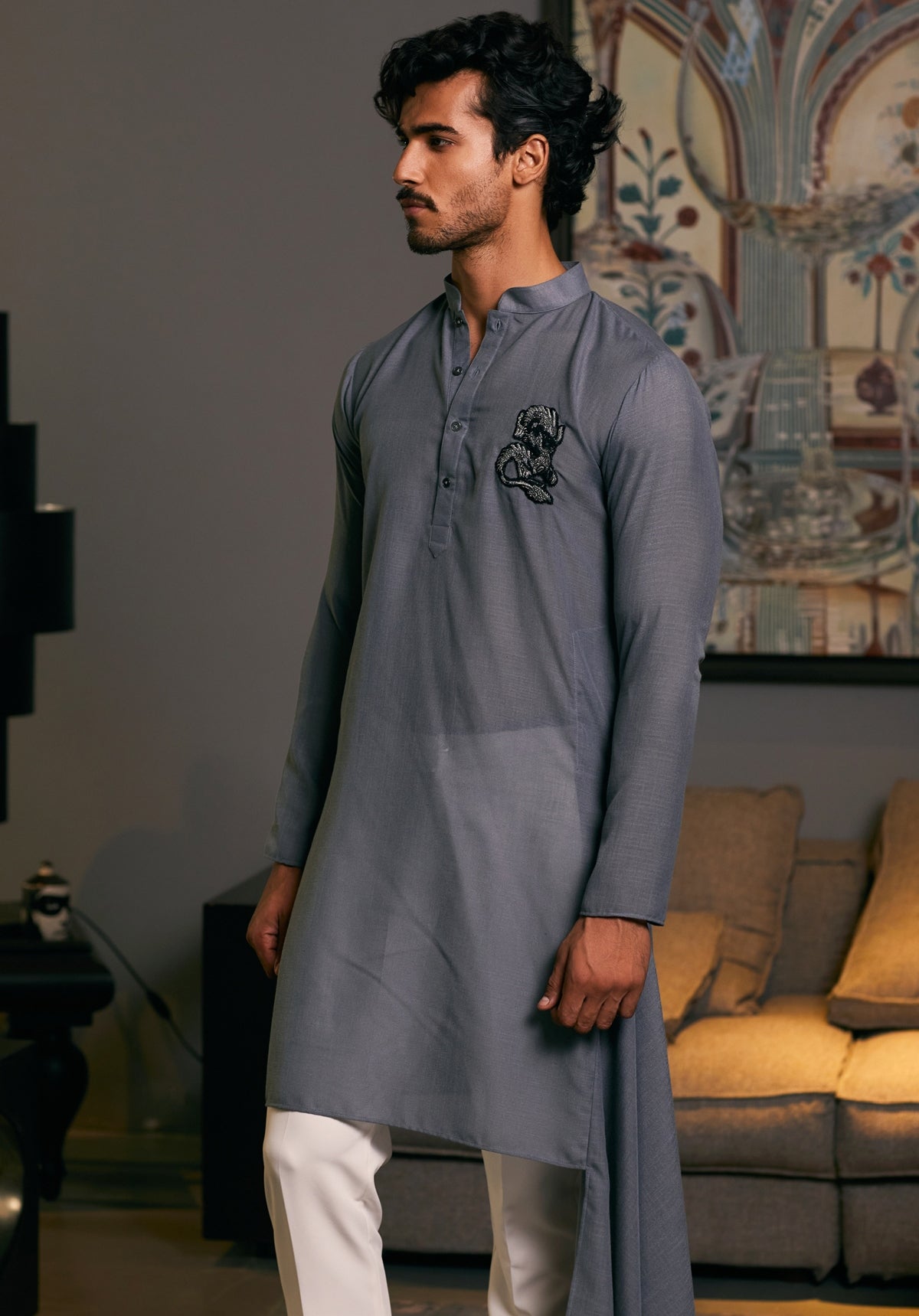 Slate Blended Asymmetric Goe Dragon Kurta Set