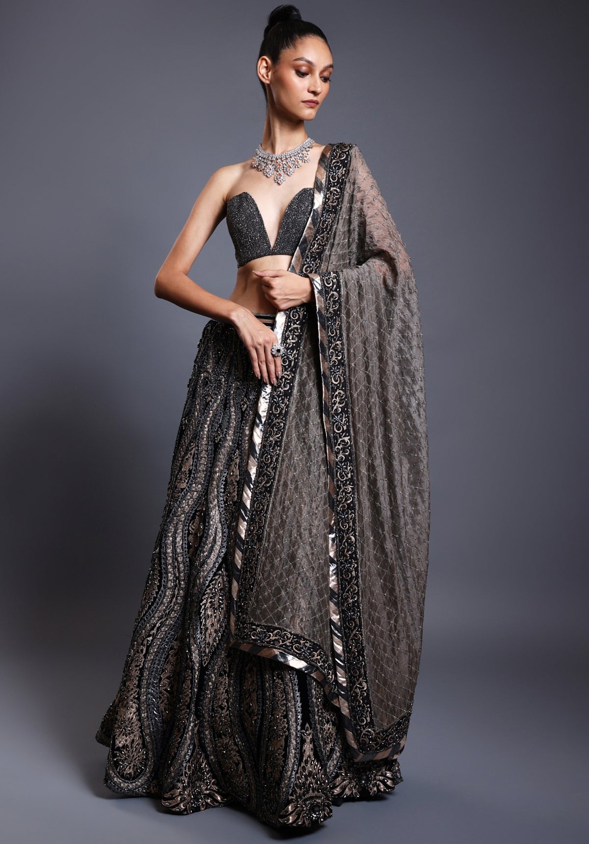 CF Applique Gunmetal Lehenga Set