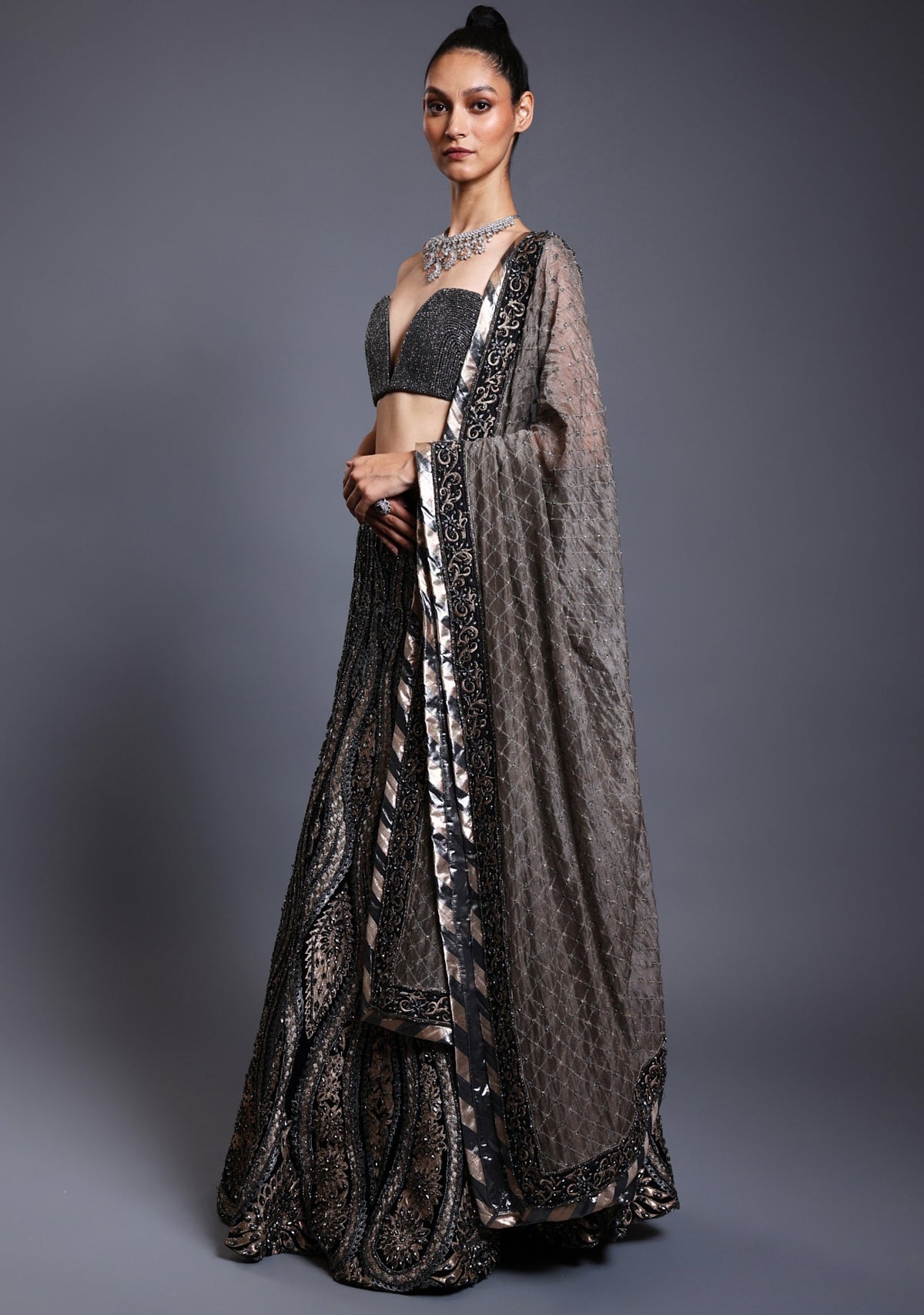 CF Applique Gunmetal Lehenga Set