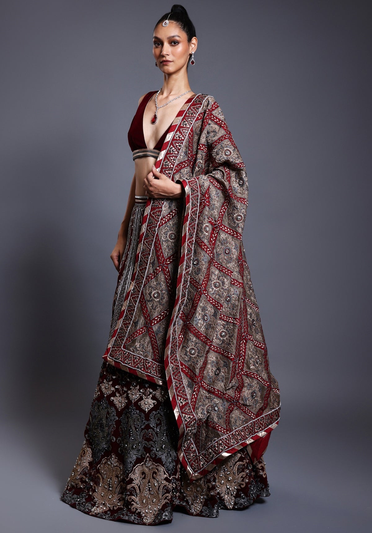 CF Applique Maroon Lehenga Set