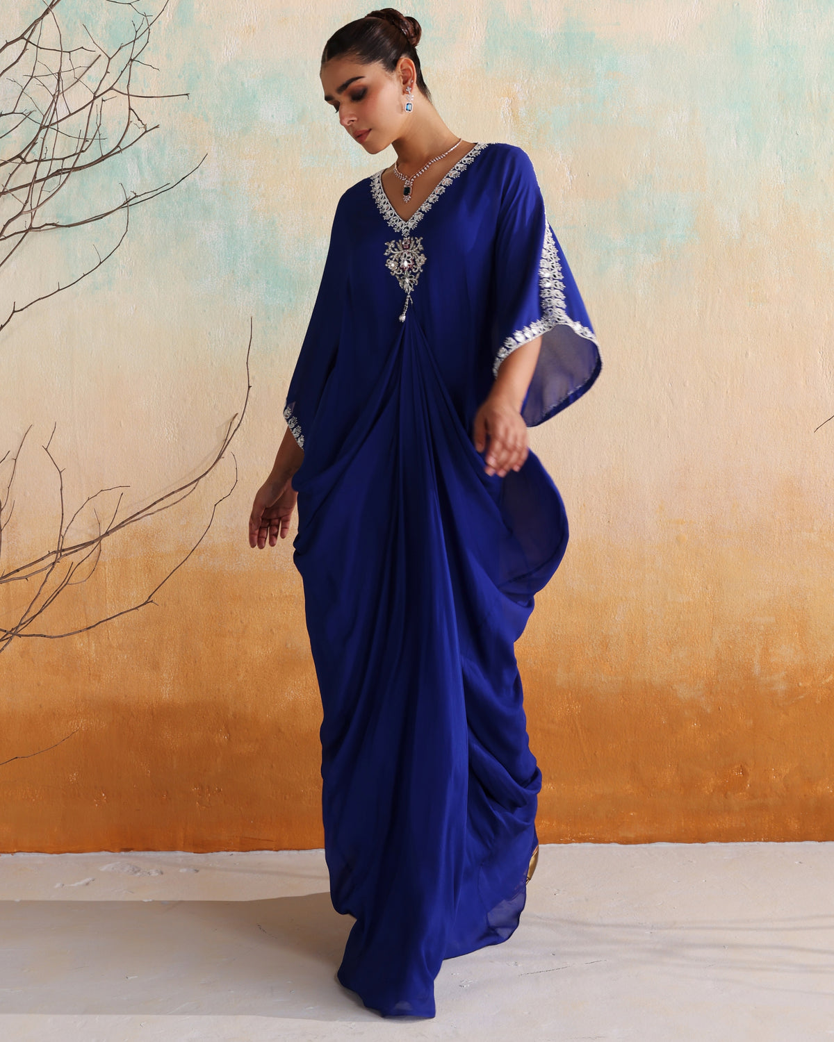 Electric Blue Embellished Draped Kaftan