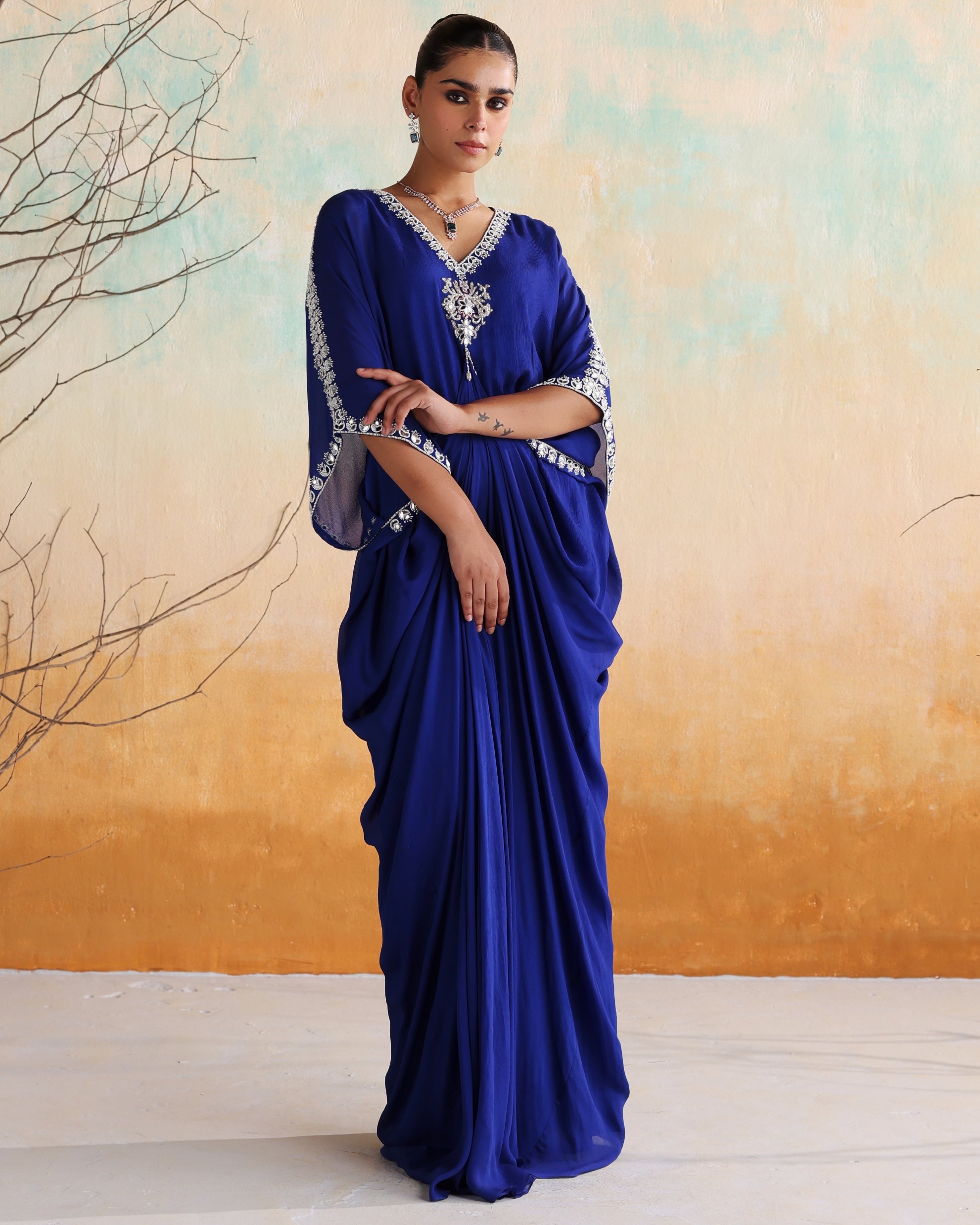 Electric Blue Embellished Draped Kaftan