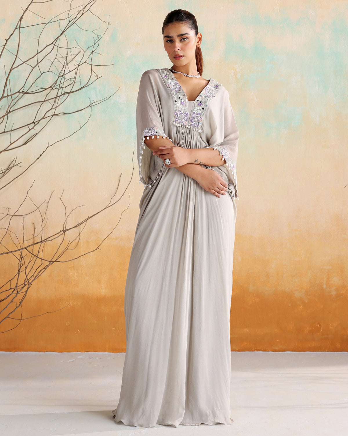 Gray Embellished Draped Kaftan