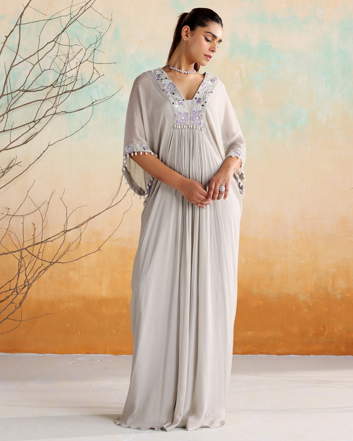 Gray Embellished Draped Kaftan