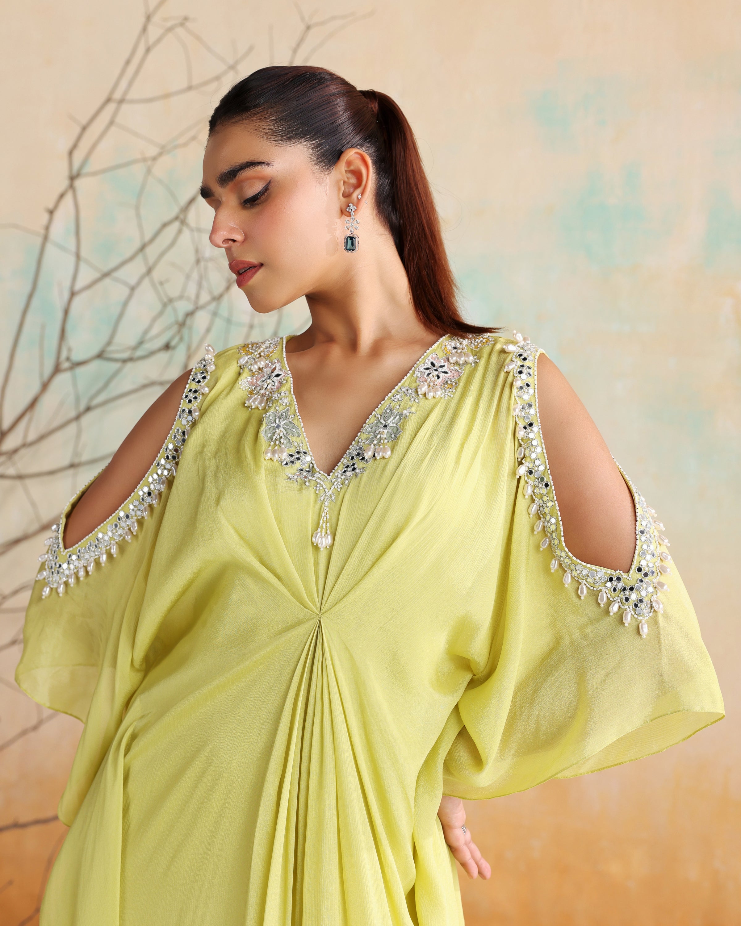 Neon Green Embellished Draped Kaftan