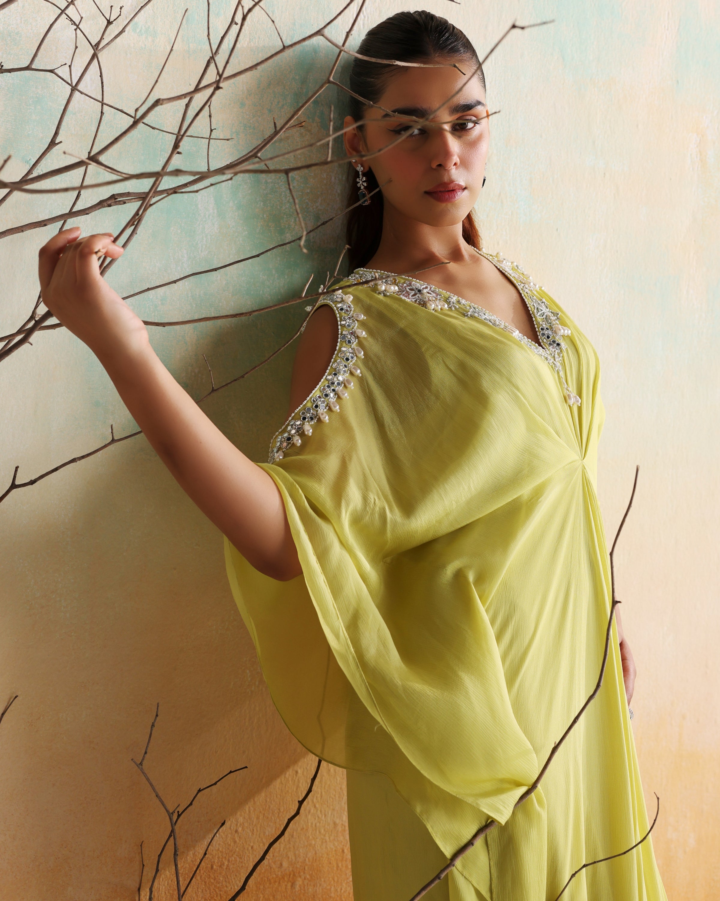 Neon Green Embellished Draped Kaftan