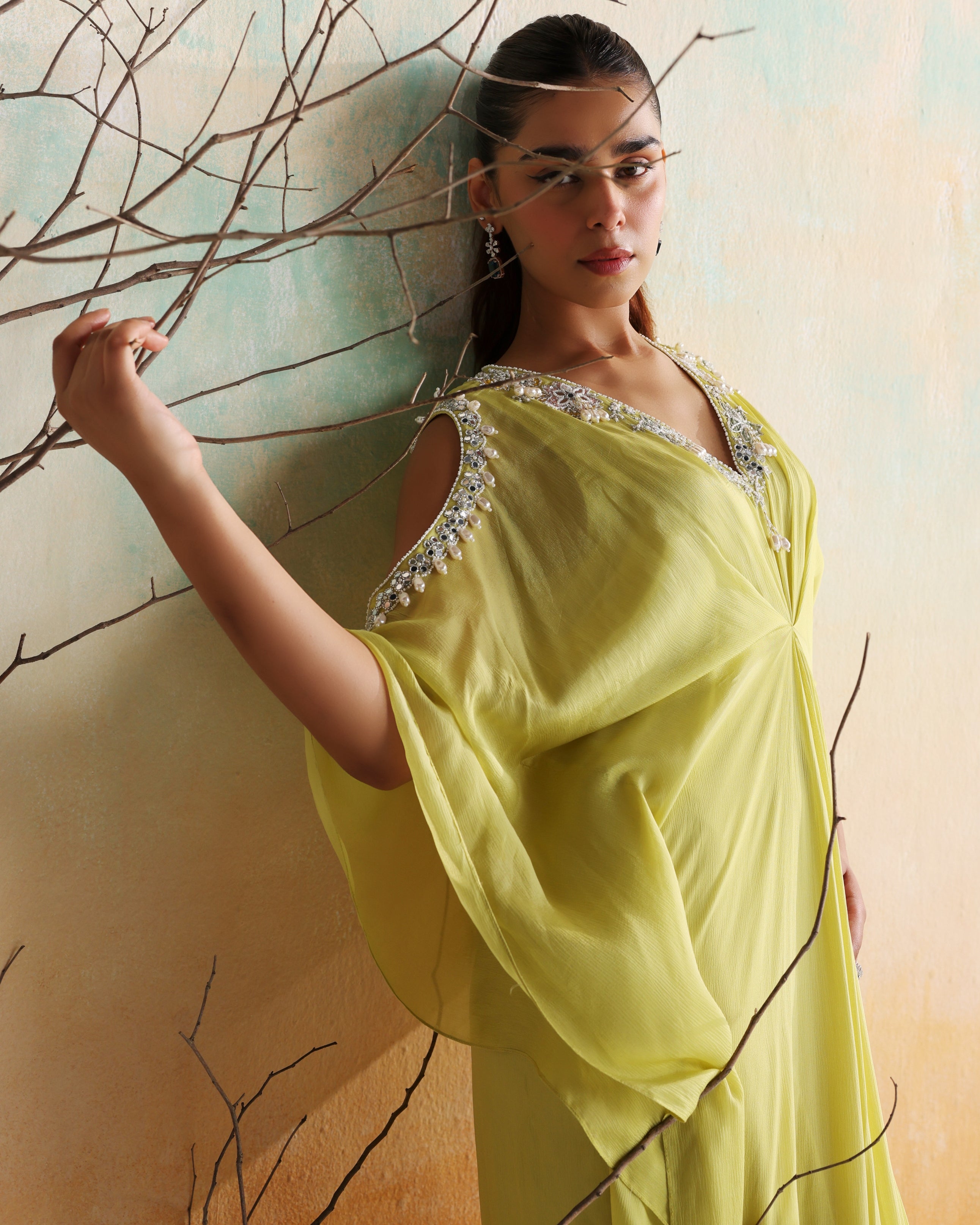 Neon Green Embellished Draped Kaftan