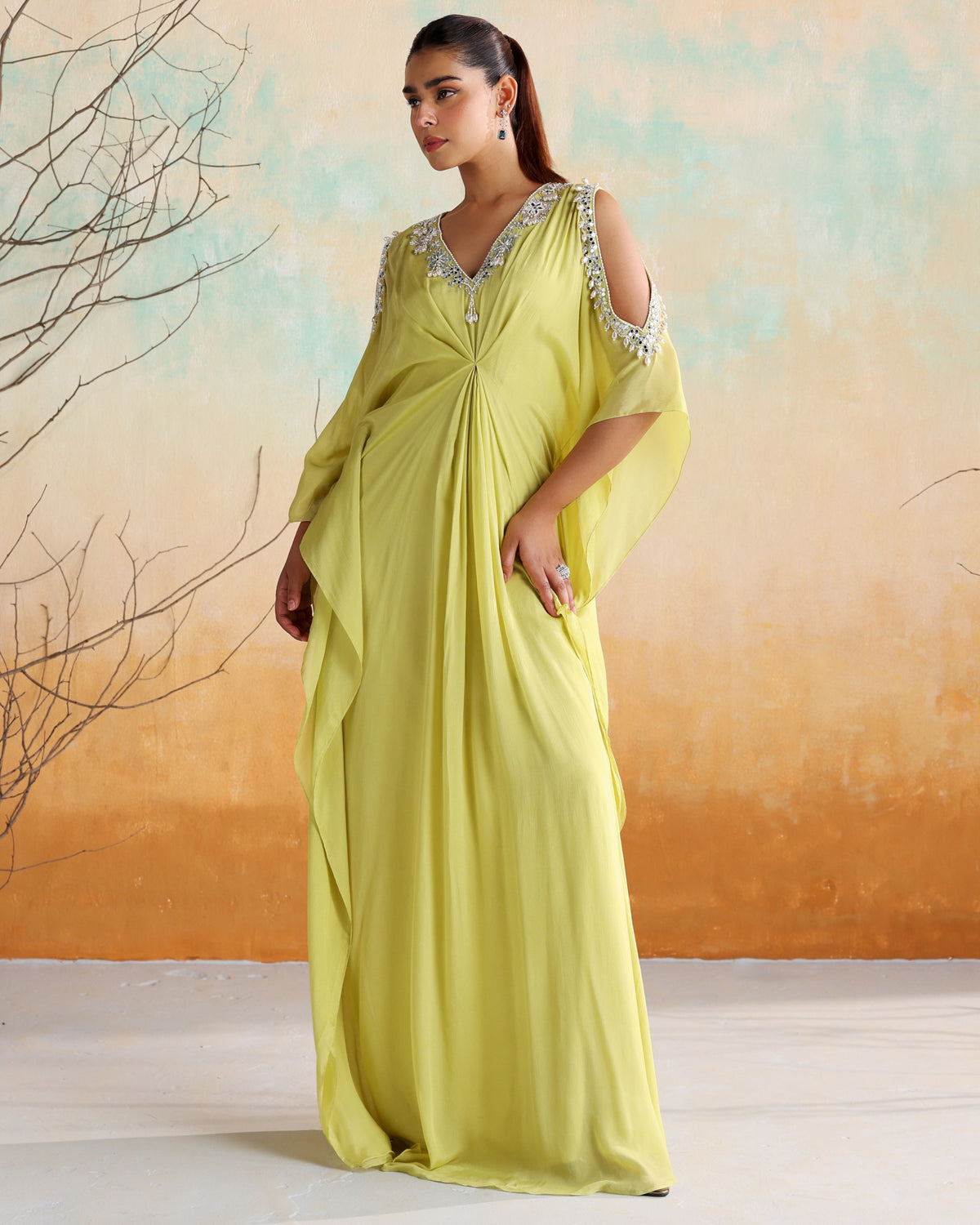 Neon Green Embellished Draped Kaftan