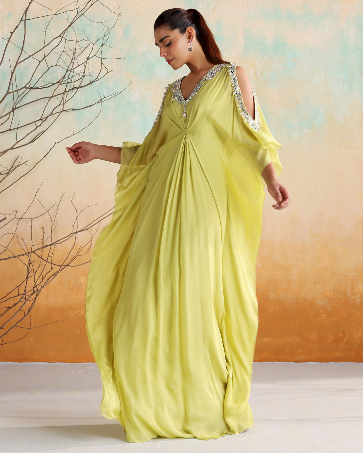 Neon Green Embellished Draped Kaftan