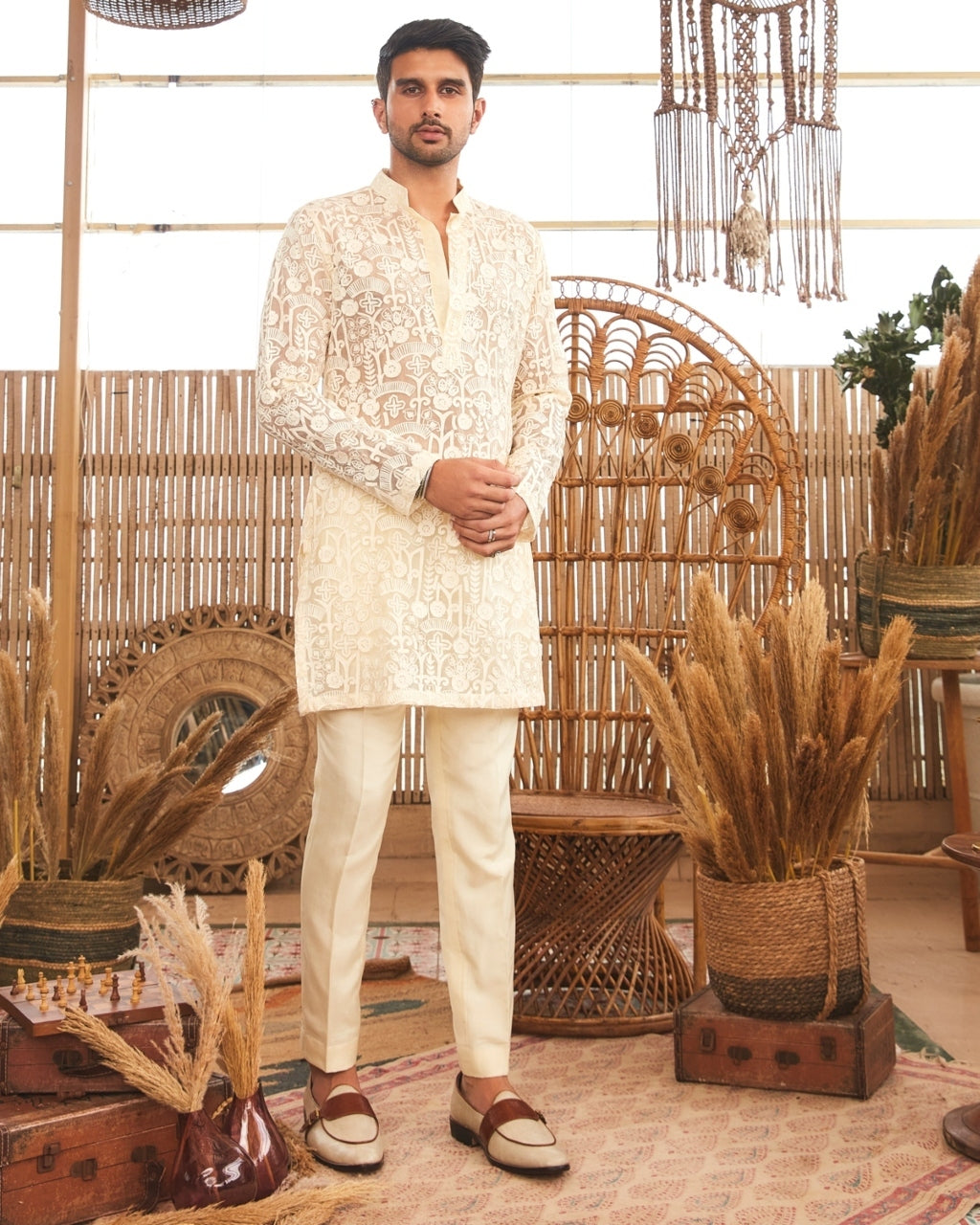 Beige Thread Work Kurta Set