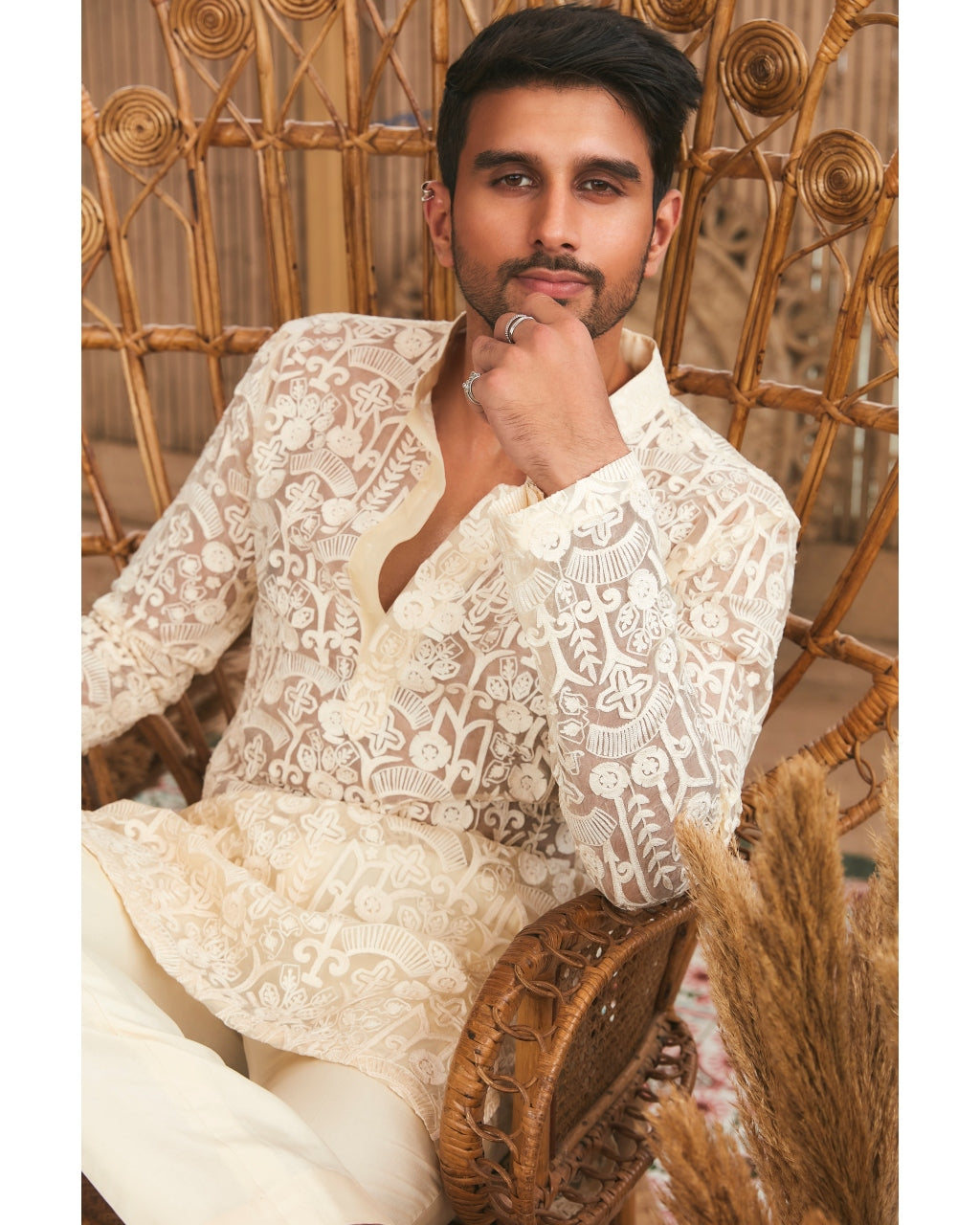 Beige Thread Work Kurta Set