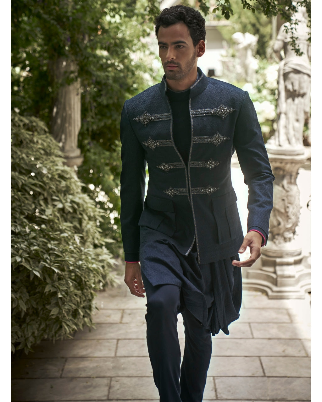 Navy Textured & Embroidered Bandhgala Set