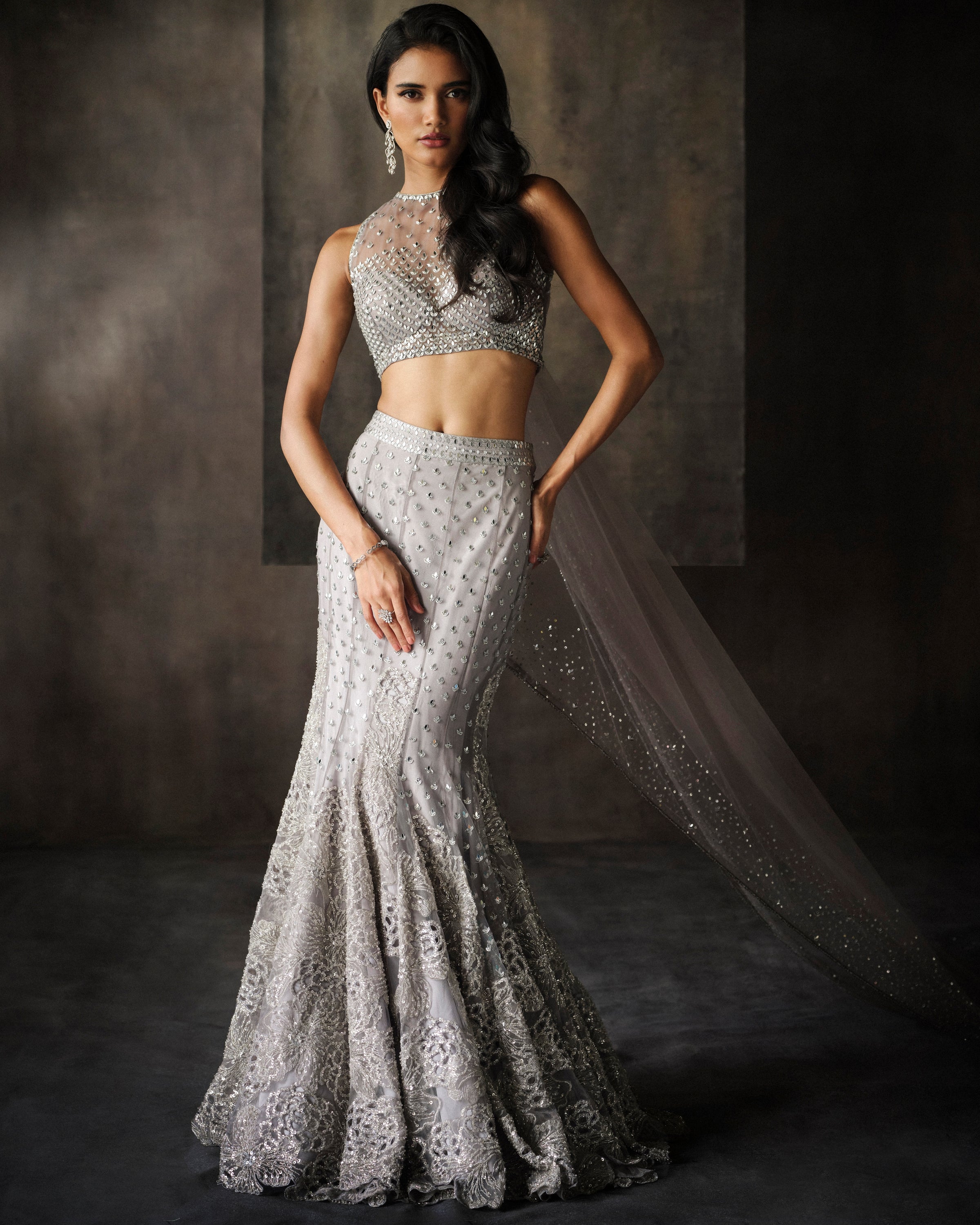 Grey Fish Cut Cutwork Lehenga