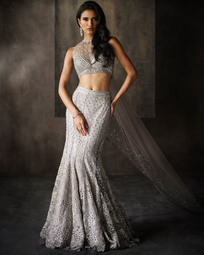 Grey Fish Cut Cutwork Lehenga