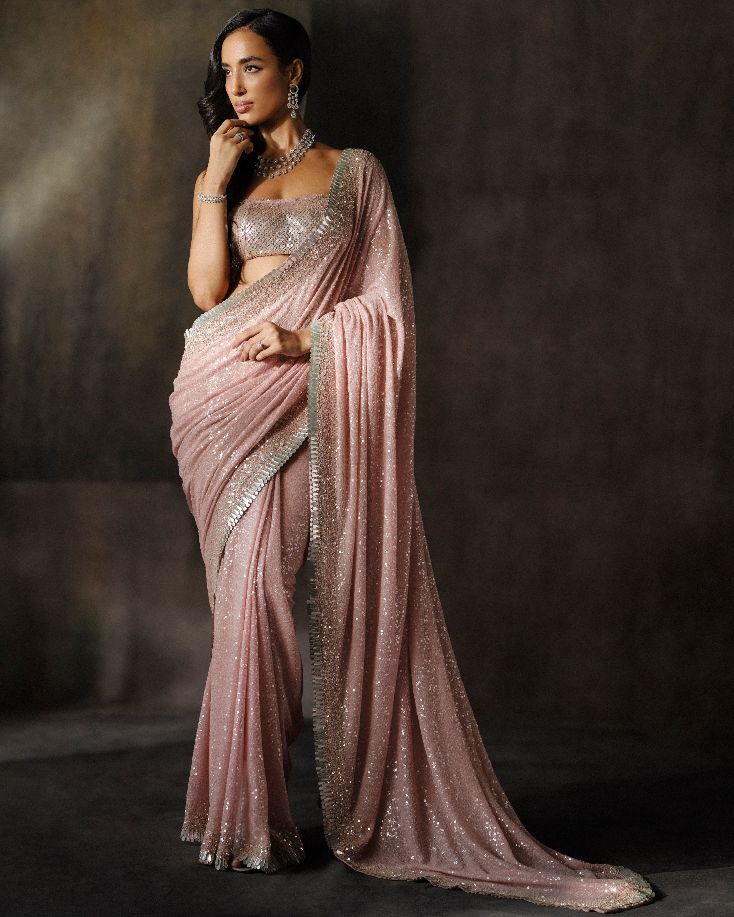 Rose Pink Sequins Sari