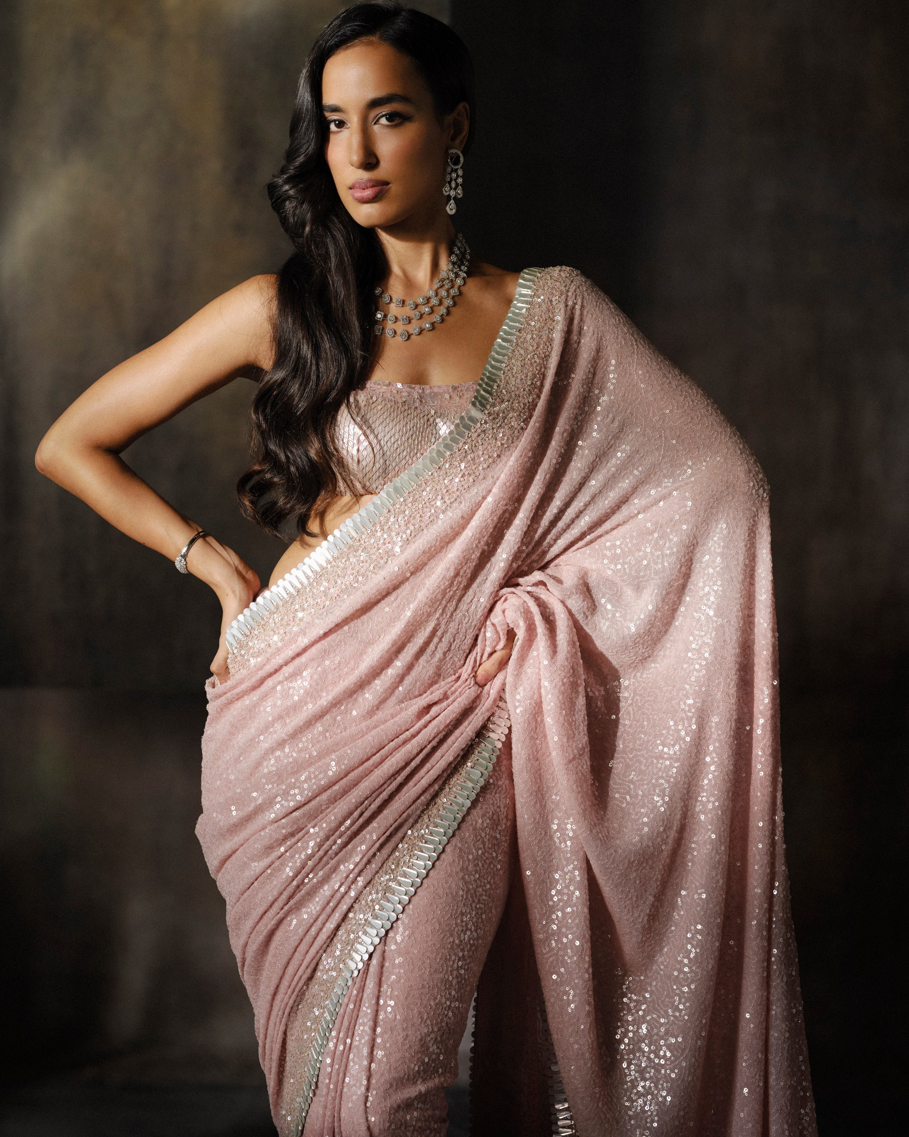 Rose Pink Sequins Sari