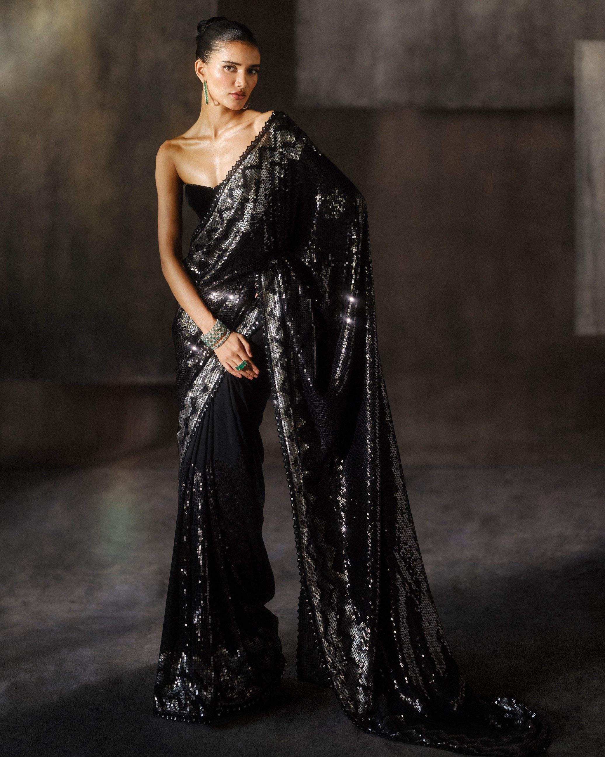 Black Silver Chevron Sequins Sari