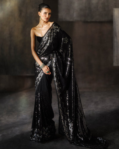 Black Silver Chevron Sequins Sari