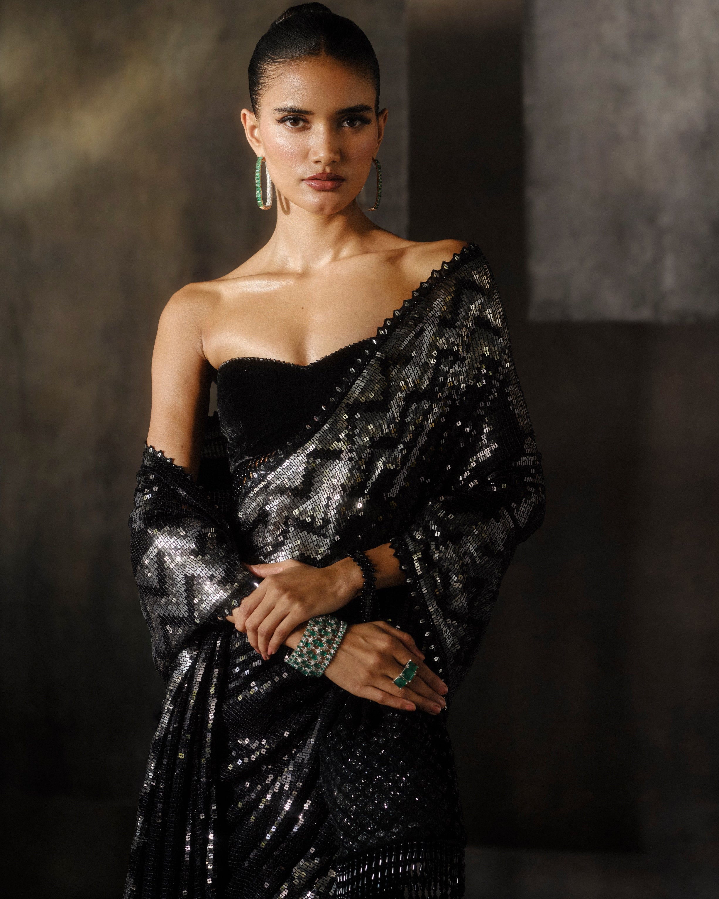 Black Silver Chevron Sequins Sari