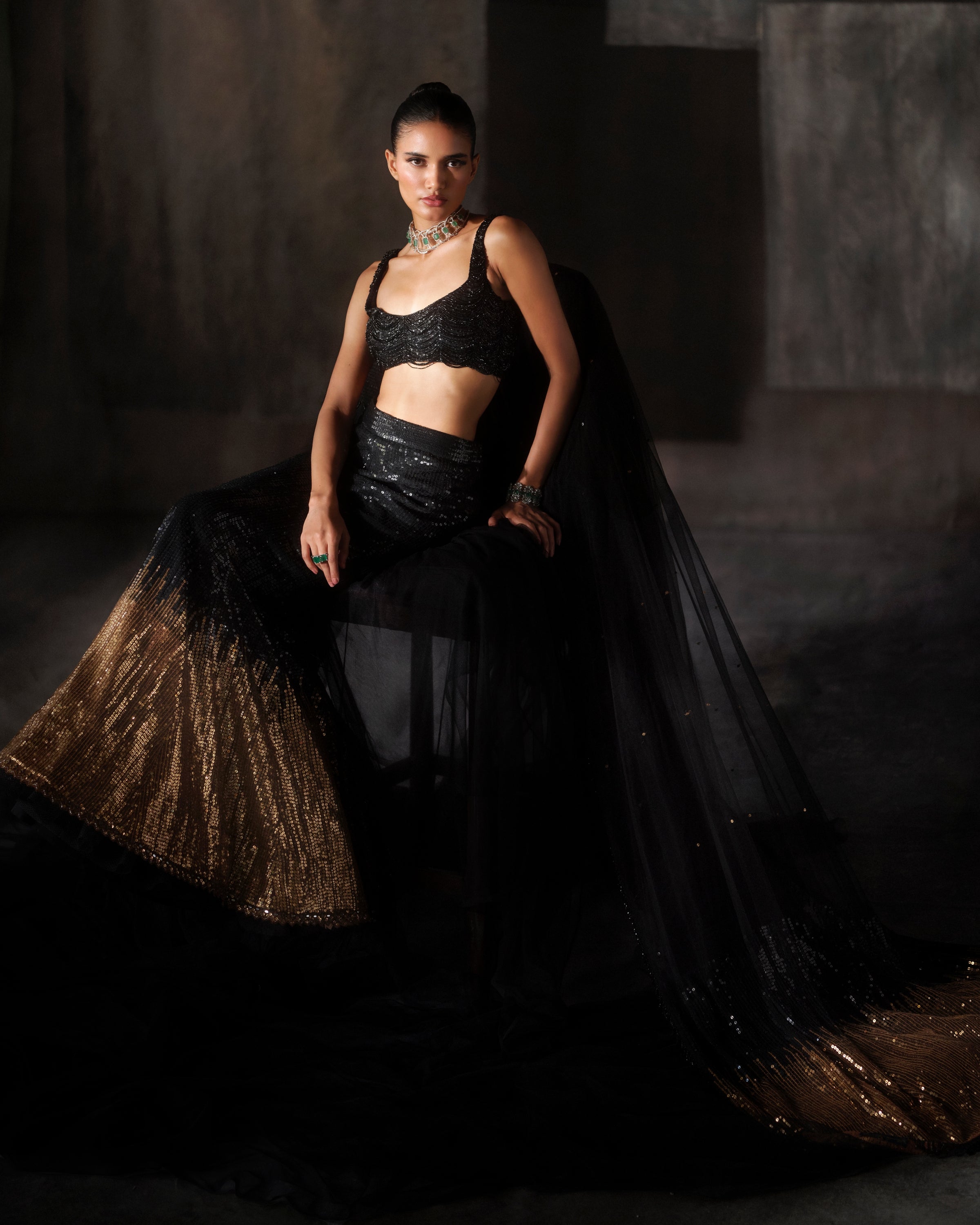 Black To Gold Sequins Lehenga