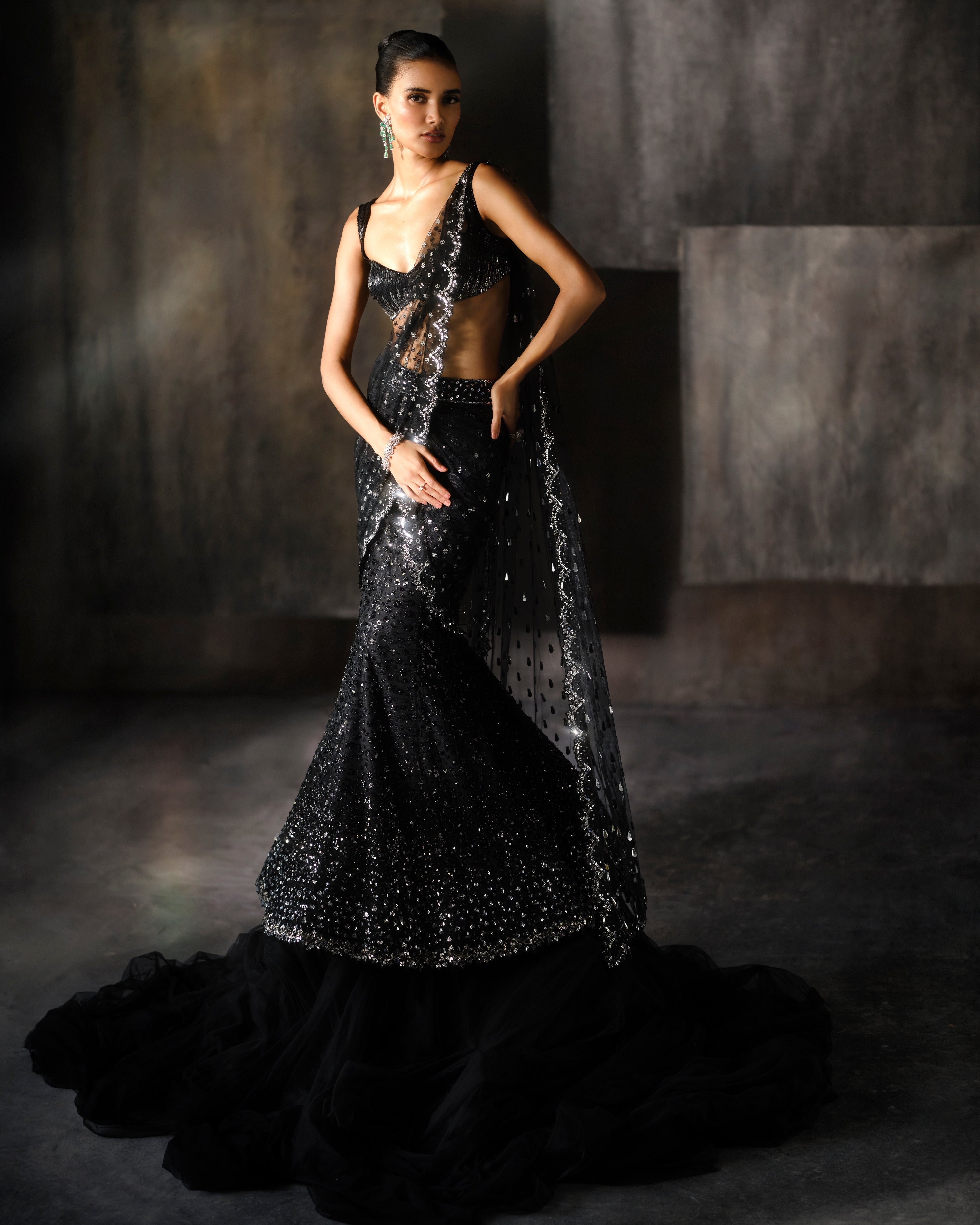 Black and Silver Shimmer Drape Sari
