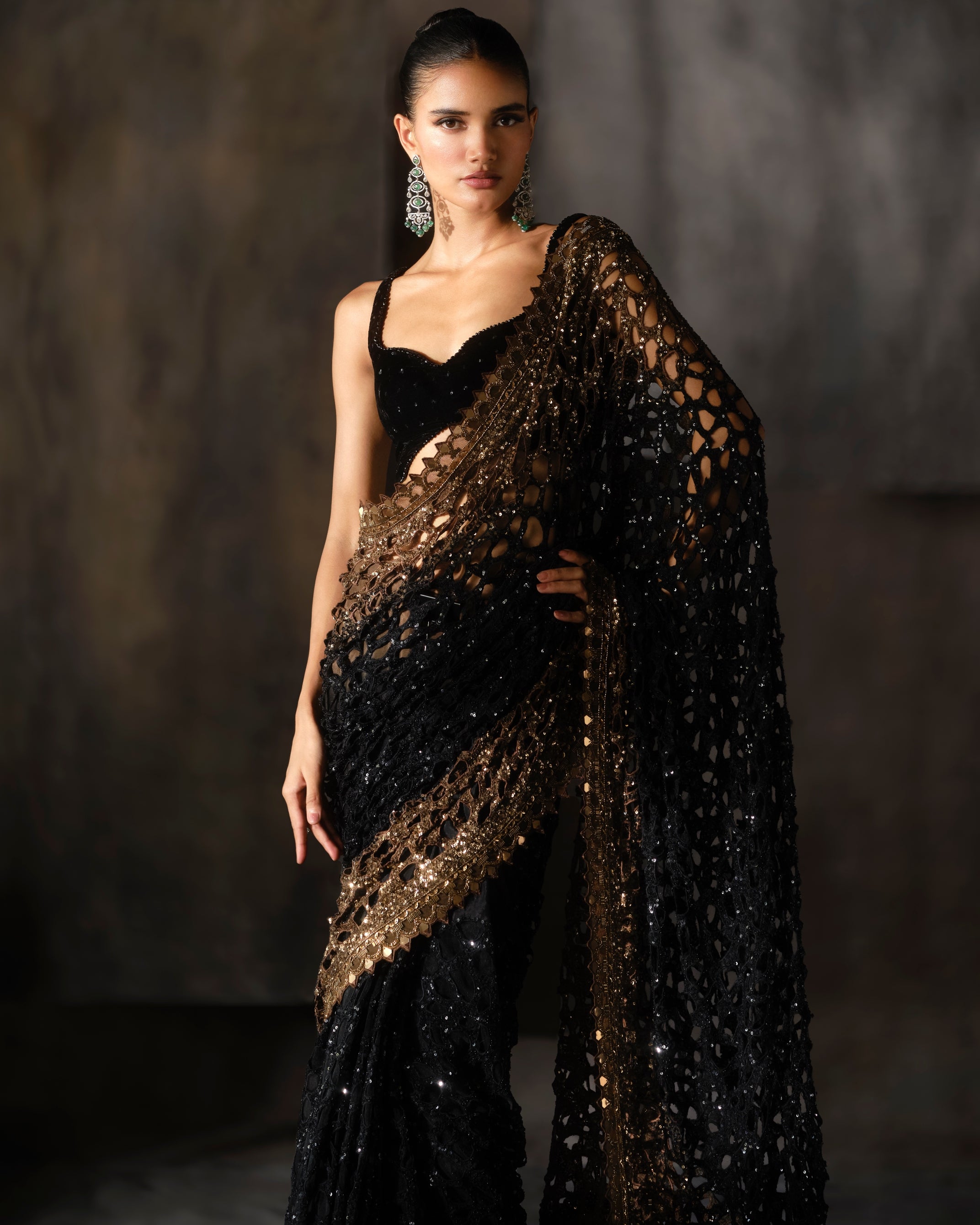 Black And Gold Ombré Cutwork Sari