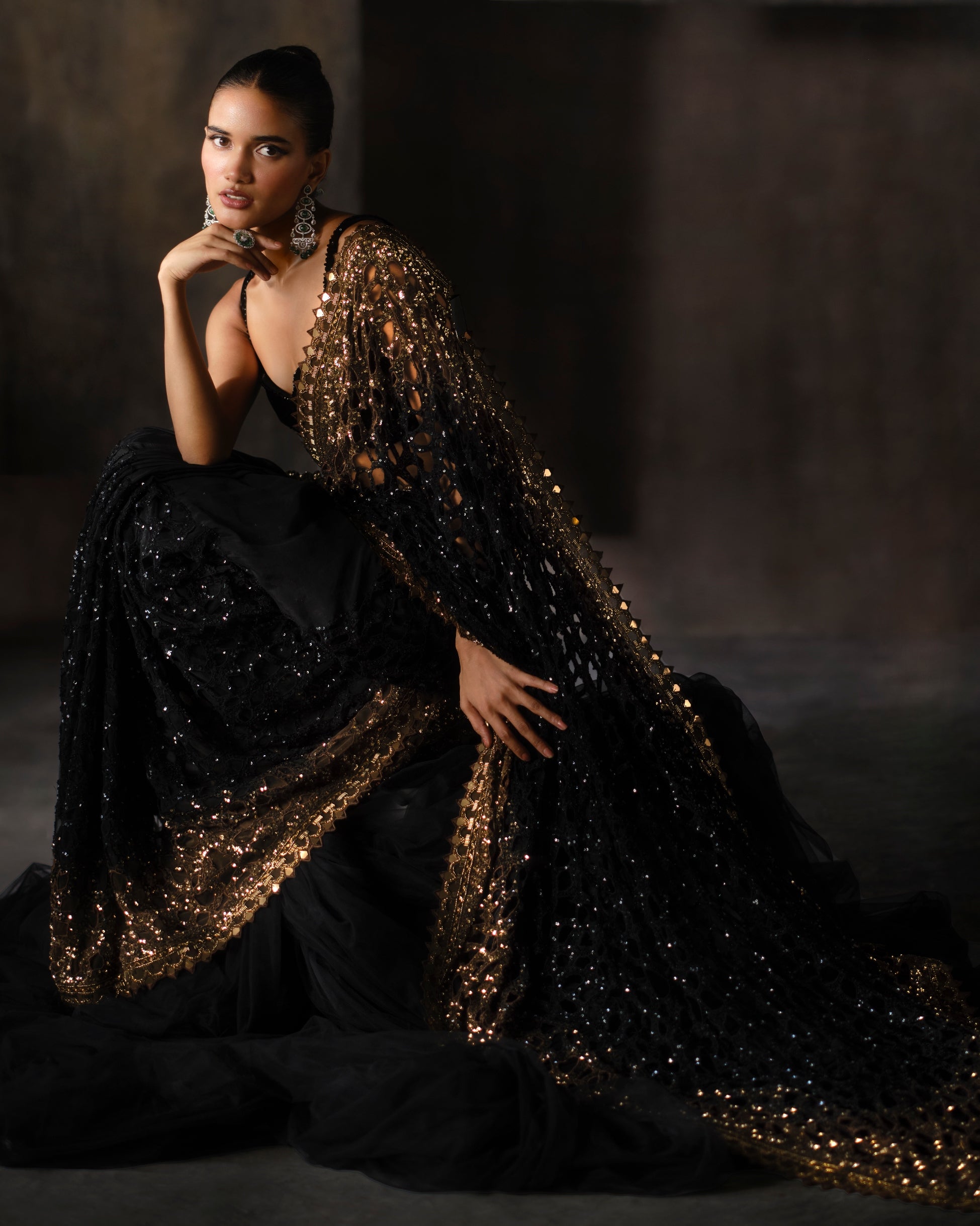 Black And Gold Ombré Cutwork Sari