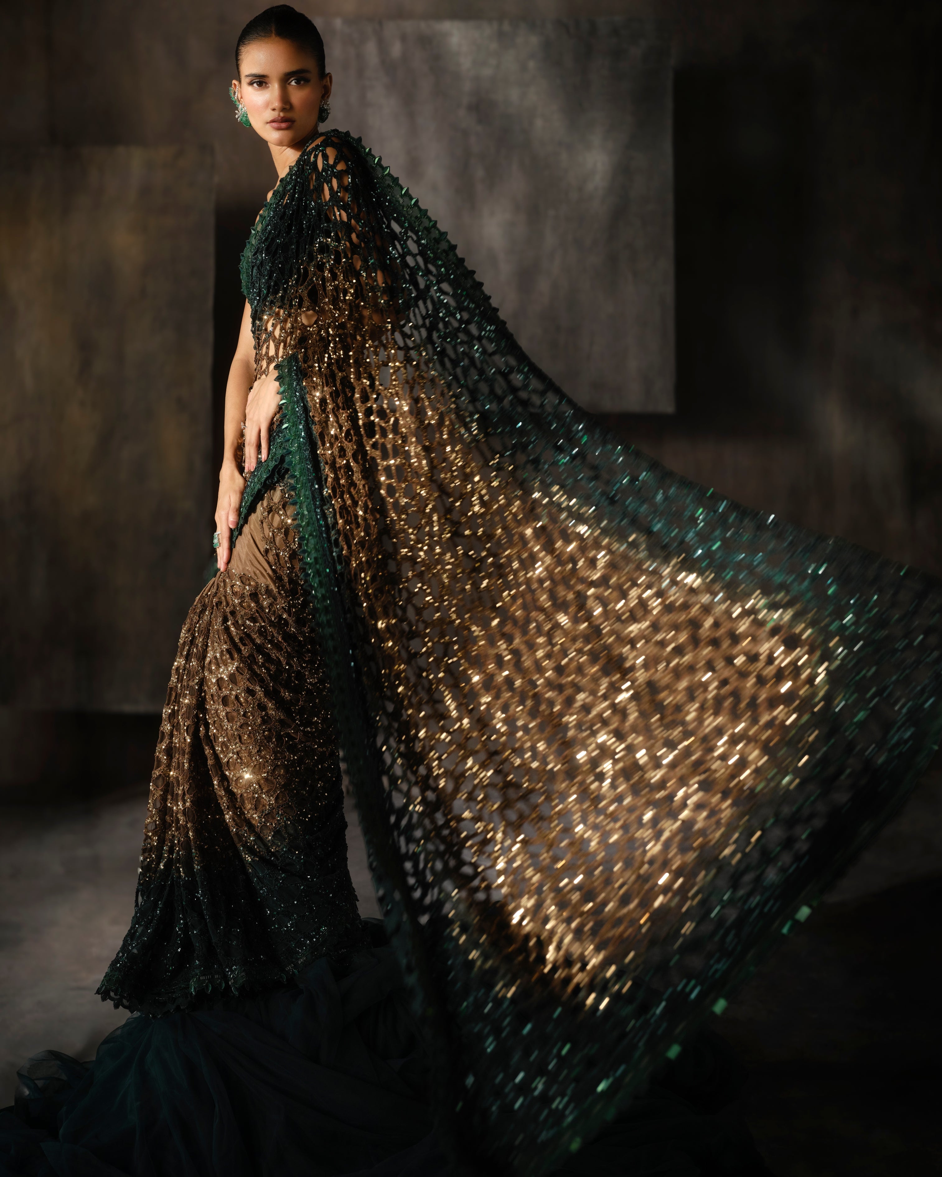 Green And Gold Cutwork Sari