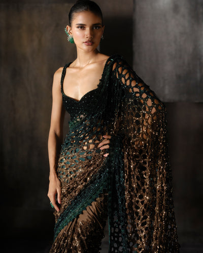 Green And Gold Cutwork Sari