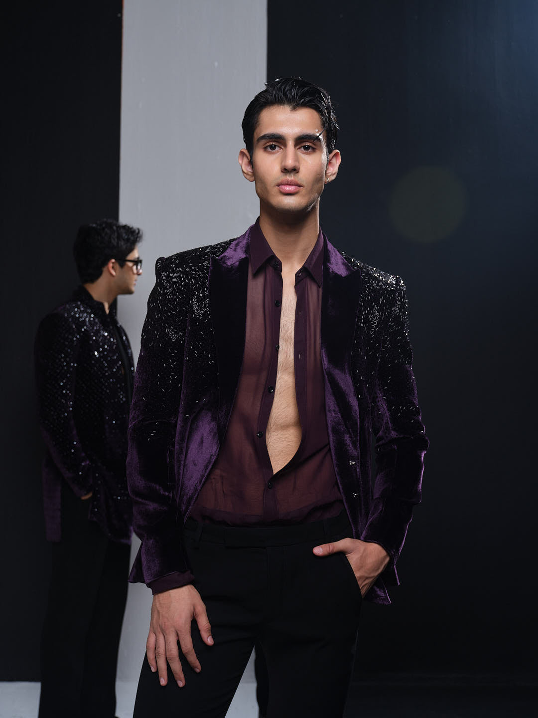 Wine Cutdana Velvet Jacket