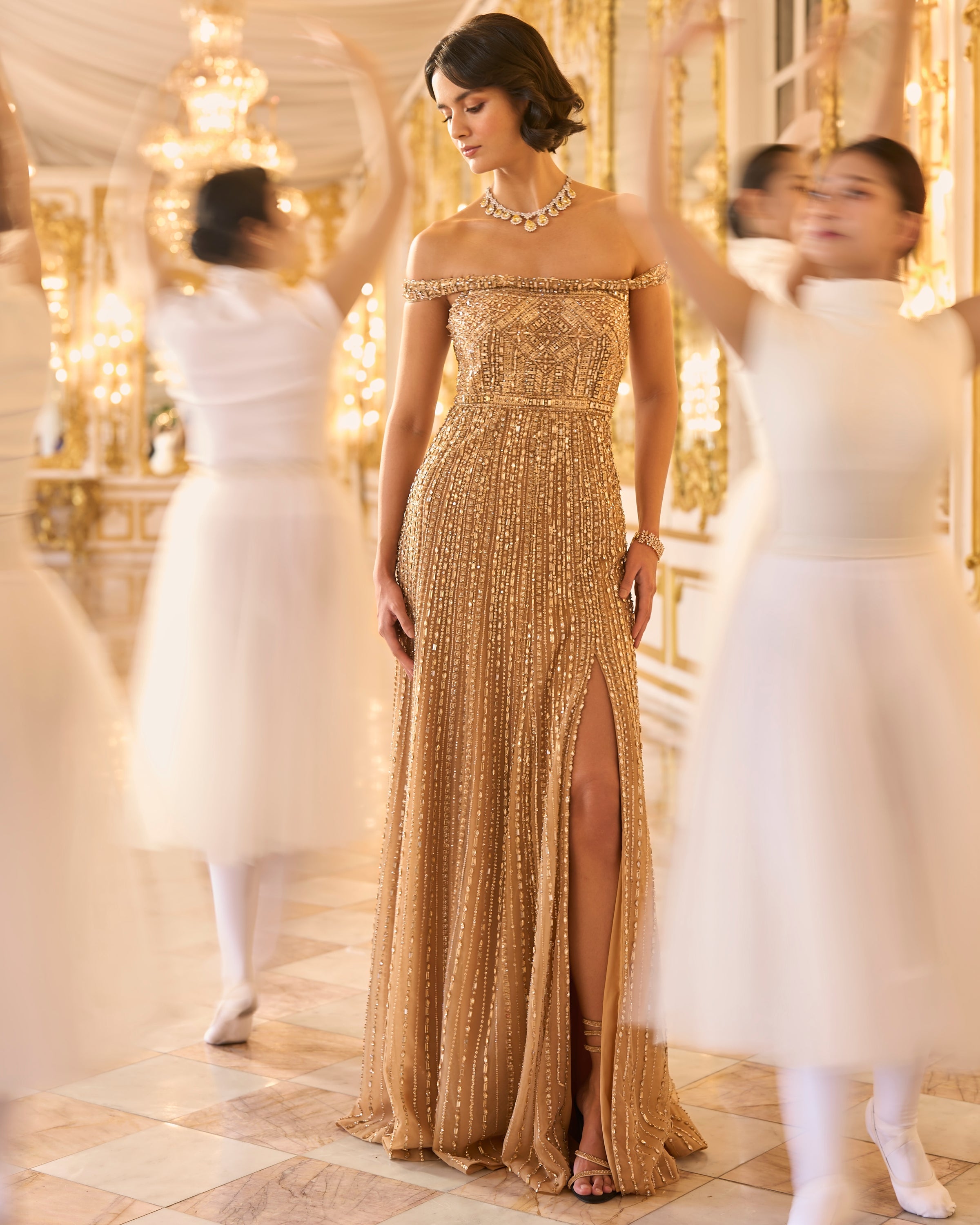 Off Shoulder Gold Gown