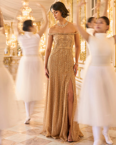 Off Shoulder Gold Gown