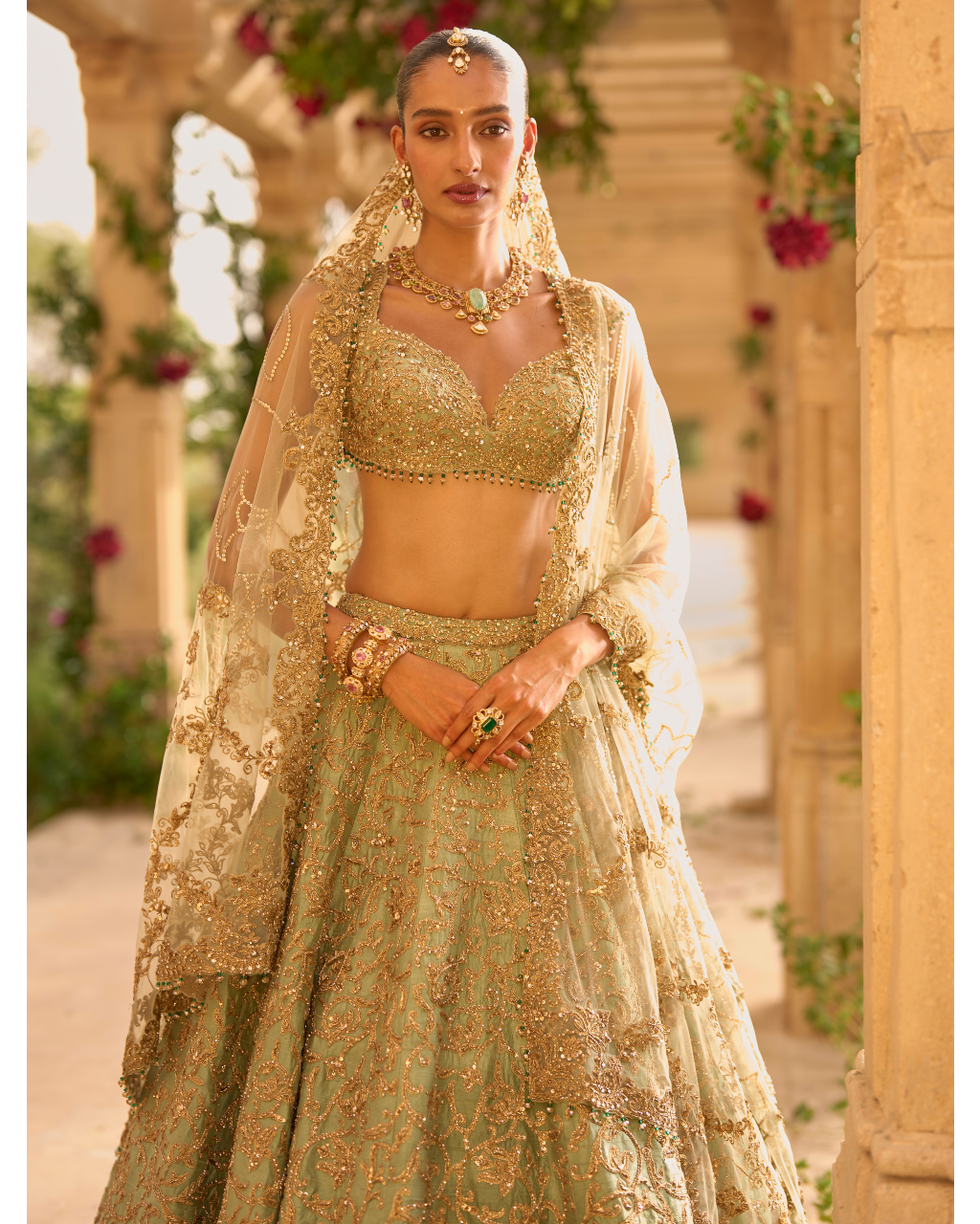 Sage Green Applique Work Lehenga Set