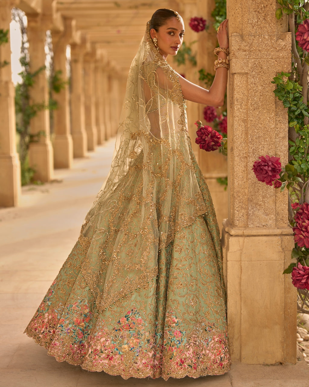 Sage Green Applique Work Lehenga Set