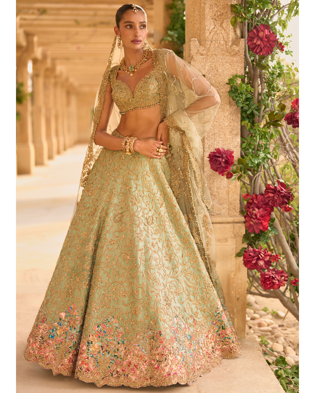 Sage Green Applique Work Lehenga Set