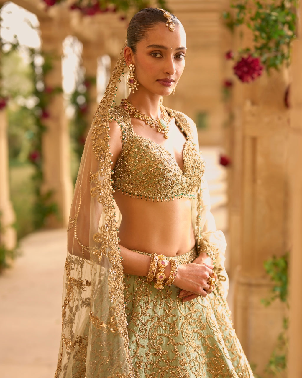 Sage Green Applique Work Lehenga Set