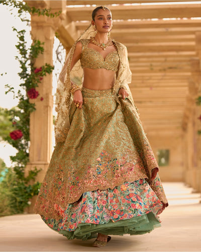 Sage Green Applique Work Lehenga Set