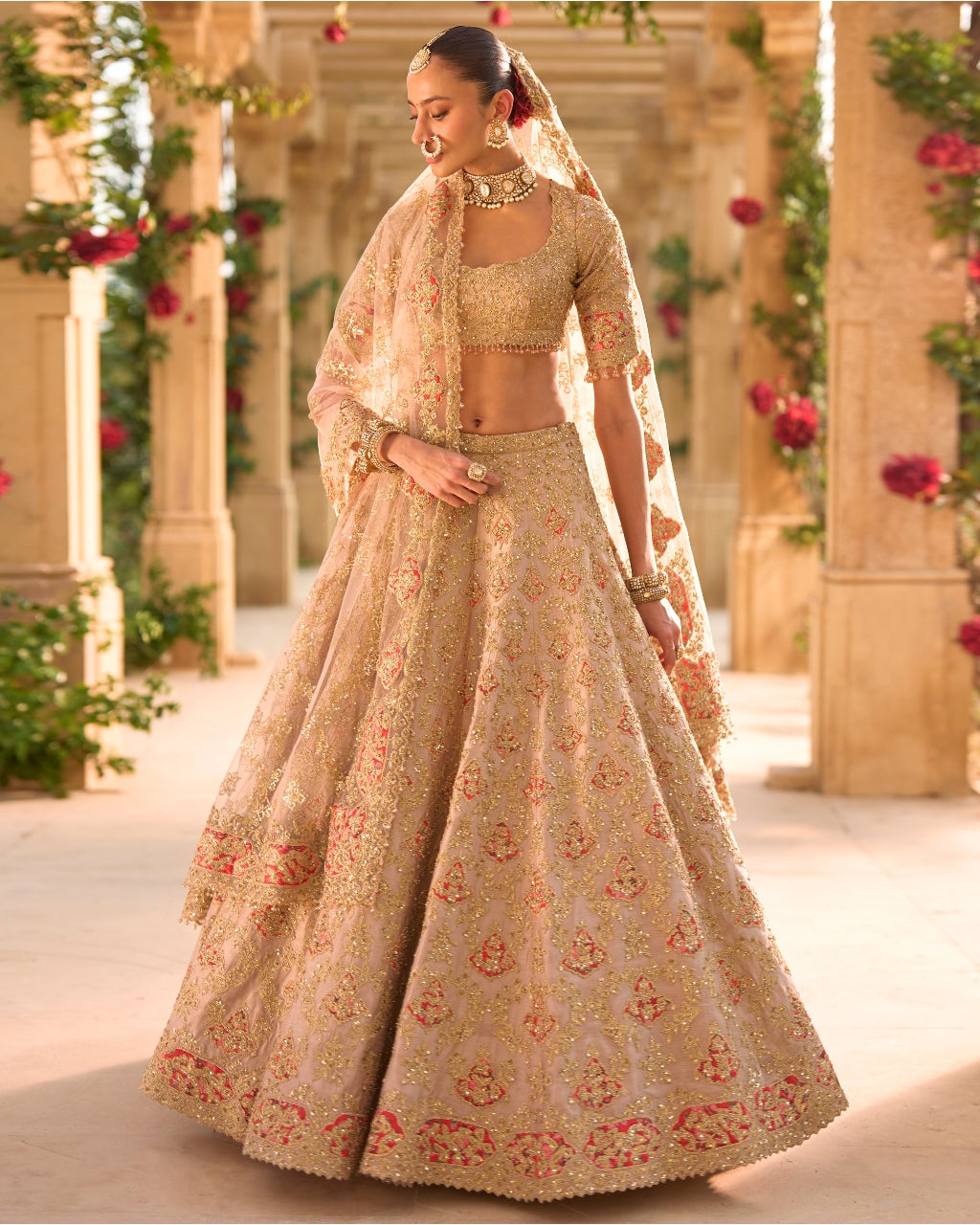 Nude Gold Applique Work Lehenga Set
