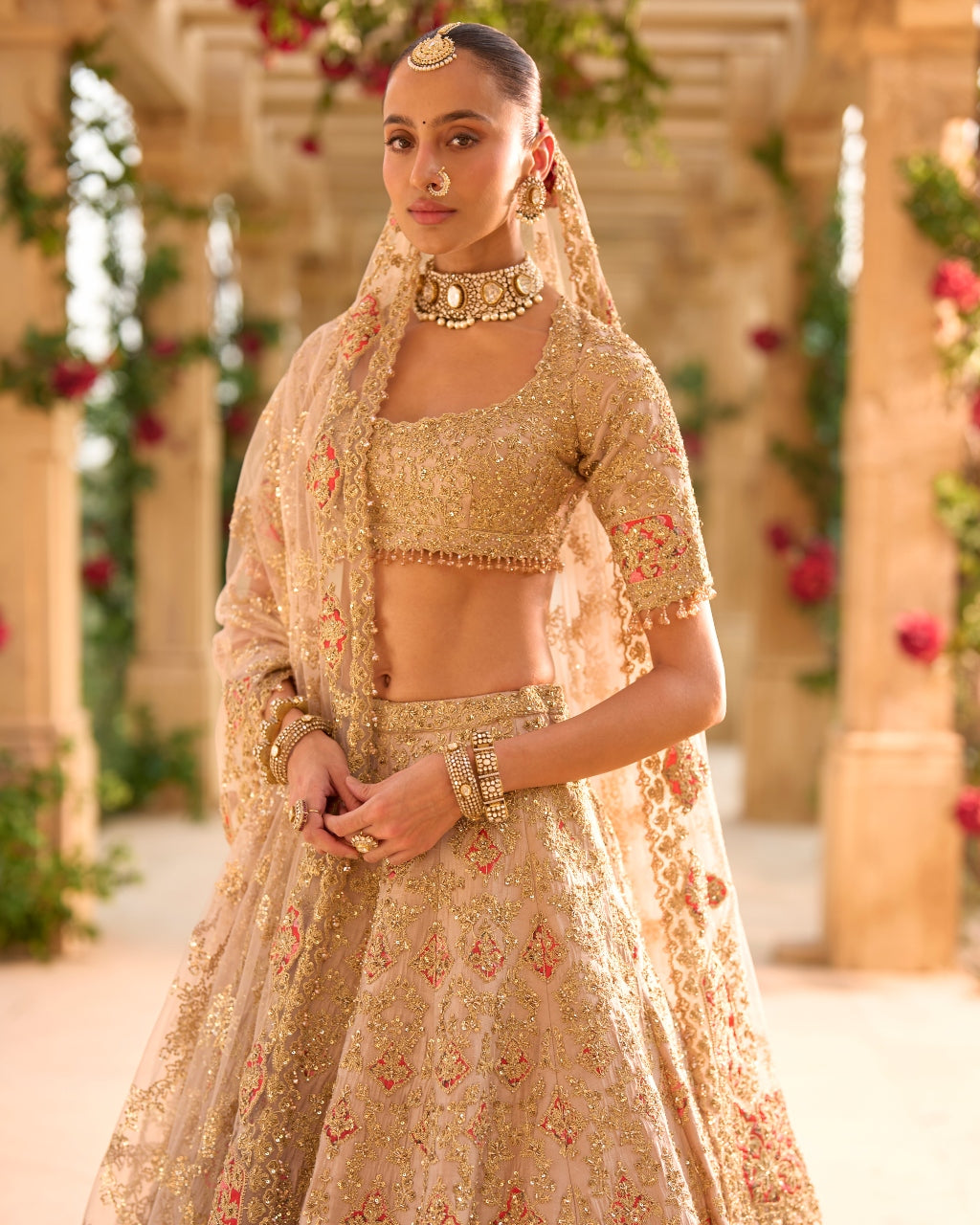Nude Gold Applique Work Lehenga Set