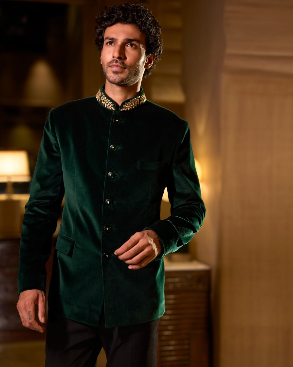 Emerald Green Velvet Bandhgala Set