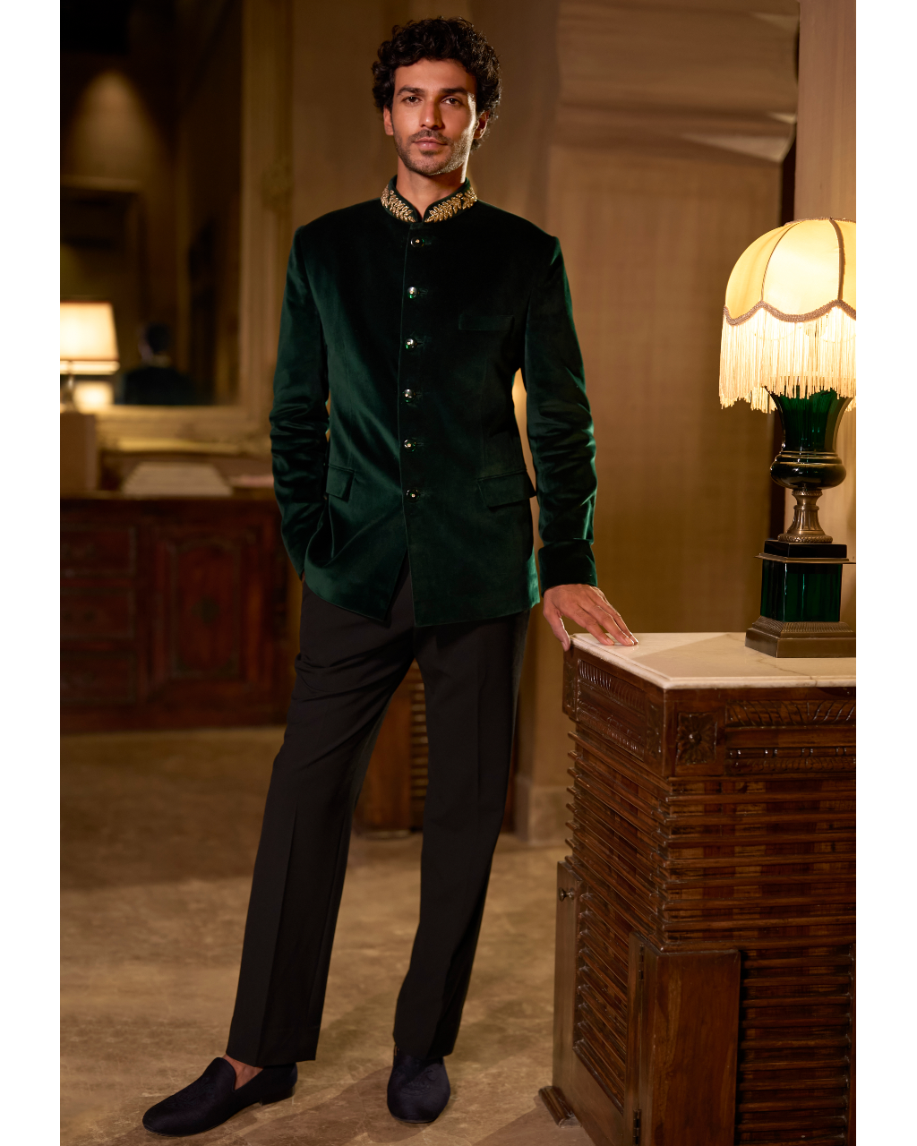 Emerald Green Velvet Bandhgala Set