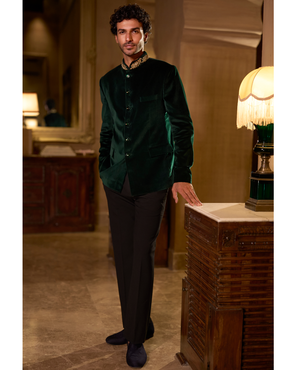 Emerald Green Velvet Bandhgala Set