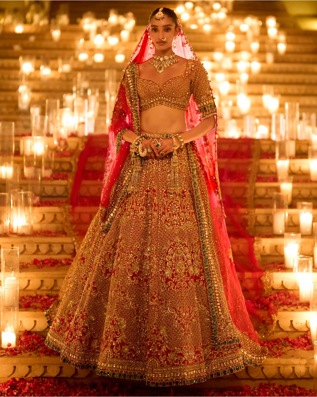 Red & Emerald Zardosi Lehenga Set