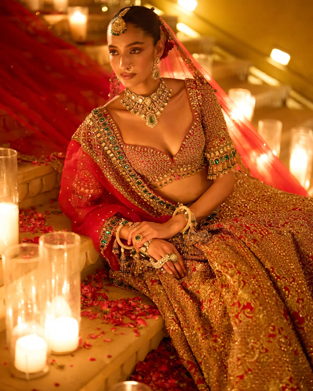Red & Emerald Zardosi Lehenga Set
