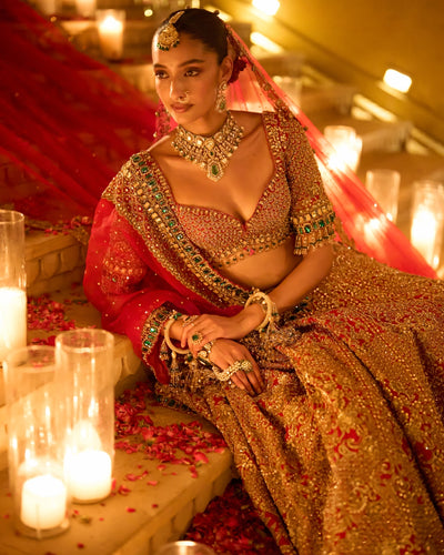 Red & Emerald Zardosi Lehenga Set