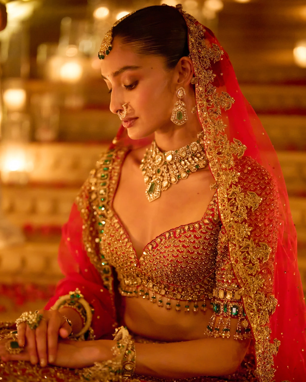 Red & Emerald Zardosi Lehenga Set