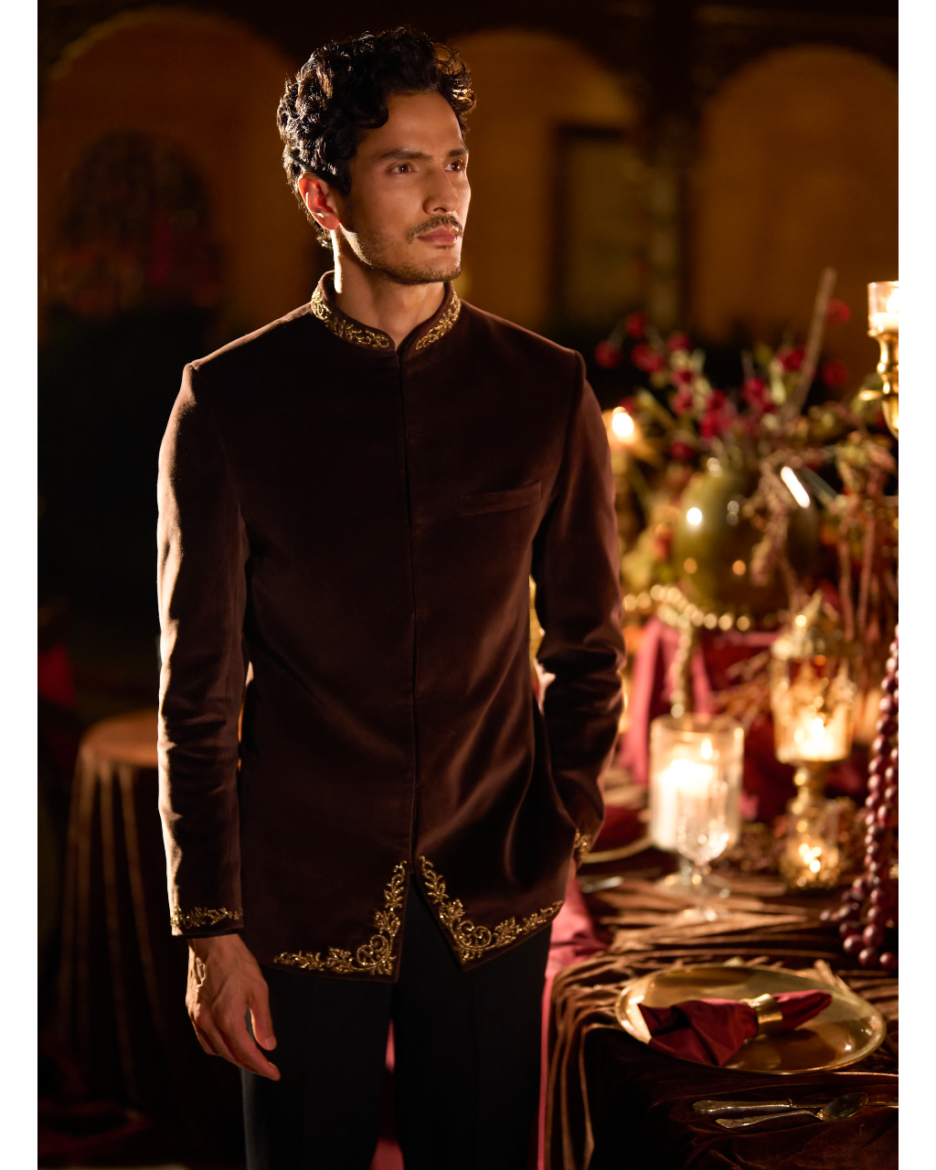 Brown Velvet Bandhgala Set